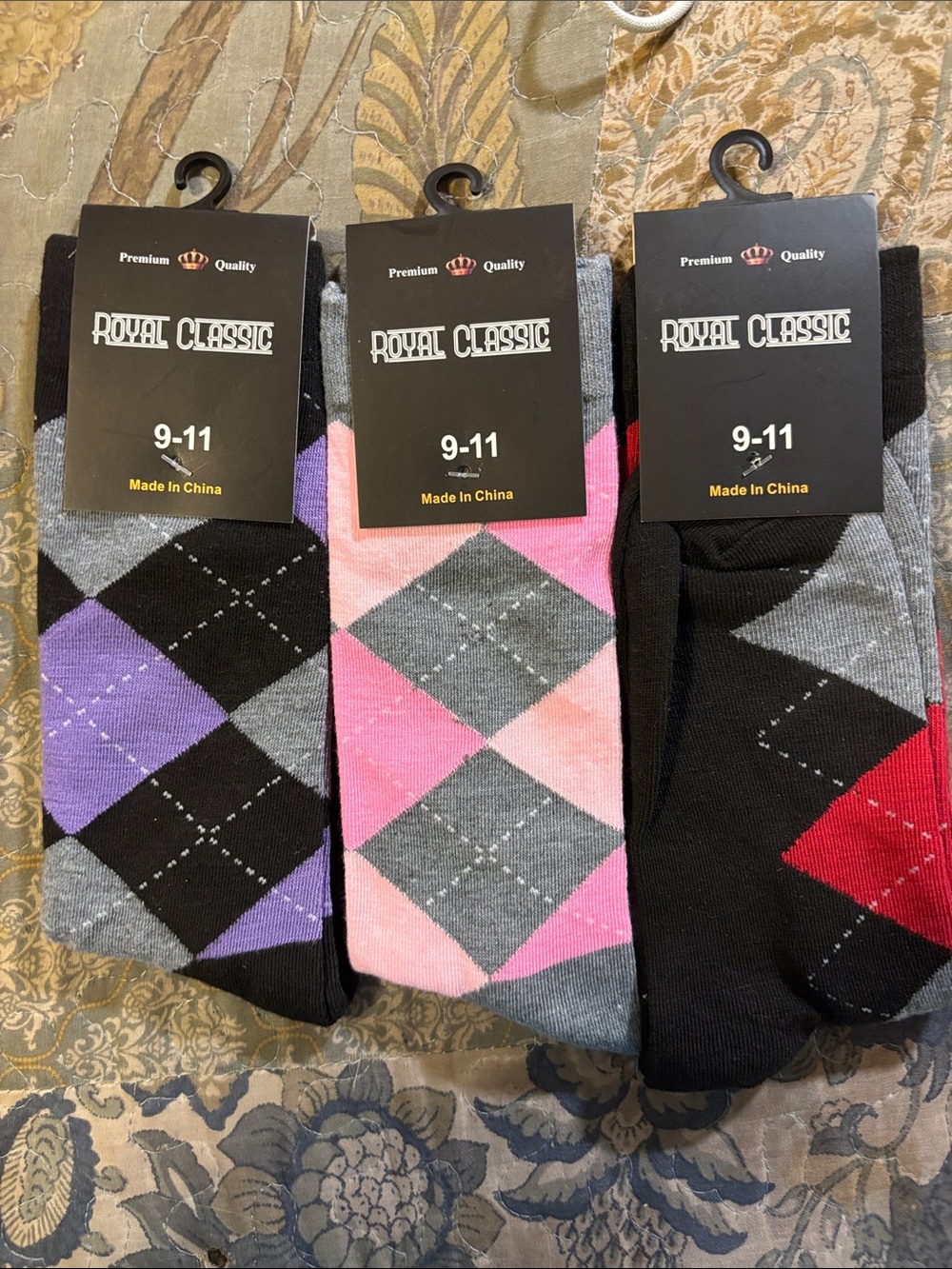 Classic Argyle Dress Socks in purple, pink and red.  Lot of three.